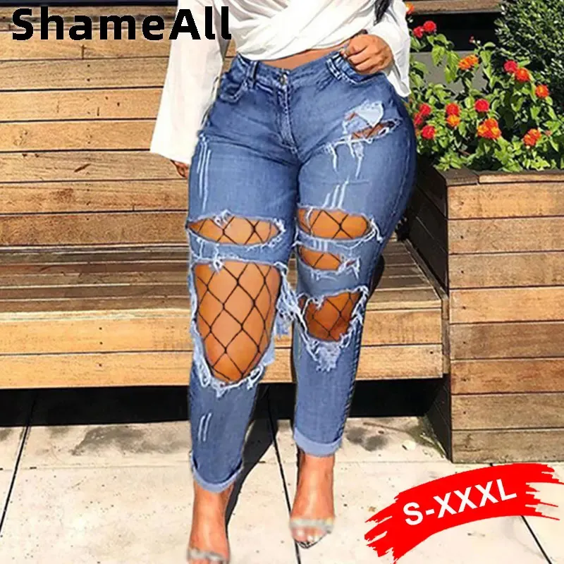 Plus Size Ripped Holes Hollow Out Mesh Stretchy Skinny Jeans 3XL Vintage Slit Pantalones288 Mujer Blue Denim Pencil Pants 240229