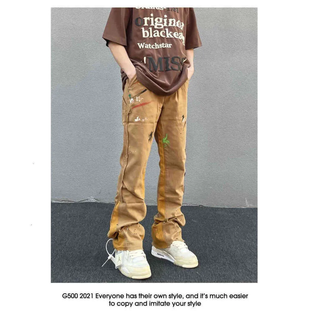 Mens Sweatpants 2023 Gallerydept Vibe Style Ink Splashing Graffiti Flared Pants Khaki Stitching Tooling Men's D76O