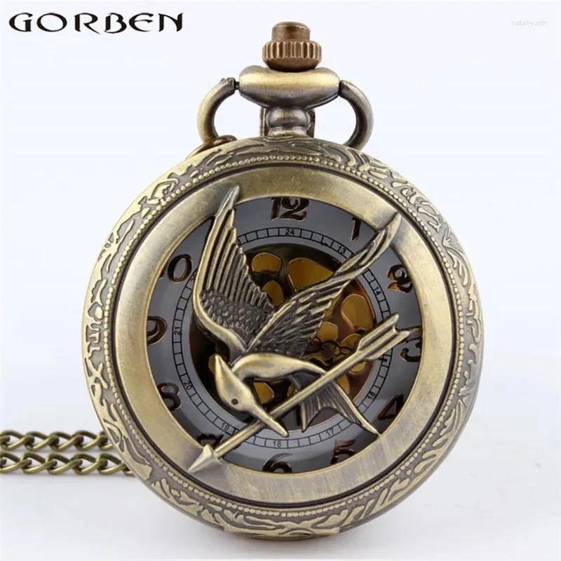 Zegarki kieszonkowe Brąz retro pusta kwarc zegarek szkieletowy ptak wisior dla mężczyzn