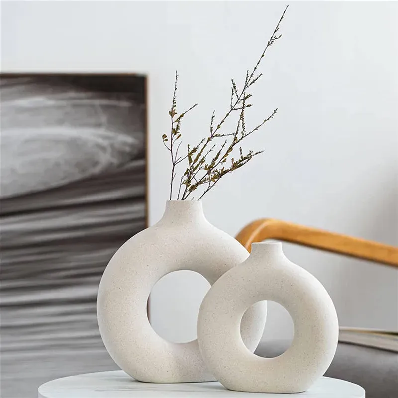Vases Nordic vase round hollow ceramic donut flower pot home living room decoration accessories indoor office desktop decoration gift