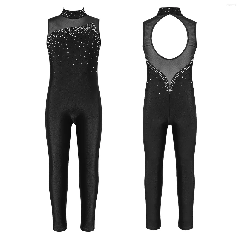 Bühnenkleidung Kinder Mädchen Gymnastikanzug Eiskunstlauf Ballett Tanz Body Unitard Glänzender Strass ärmelloser einteiliger Overall