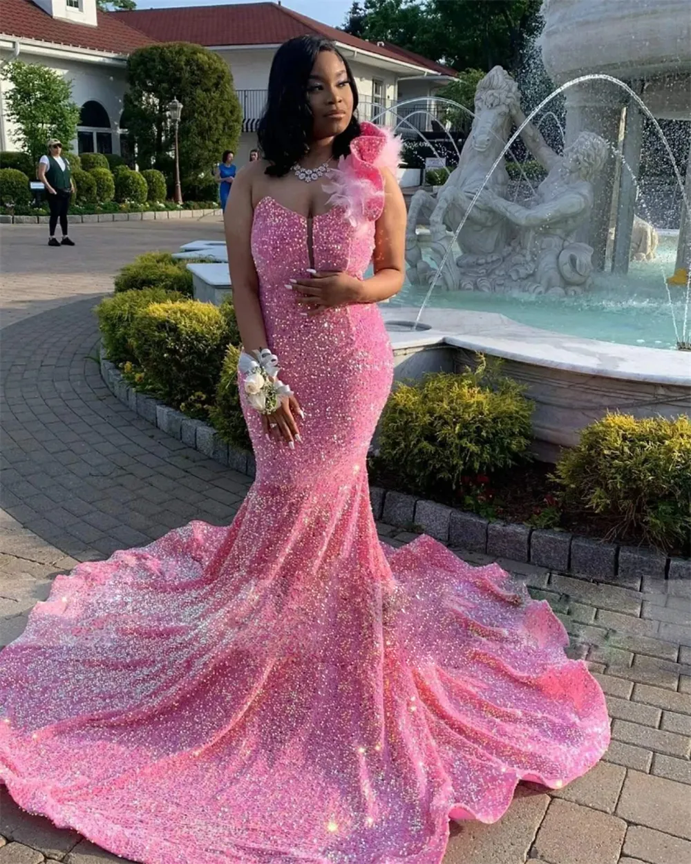 Pink One Shoulder Prom Dresses Sequin Mermaid Graduation Party Dress Feather Single Black Girls Prom Gown