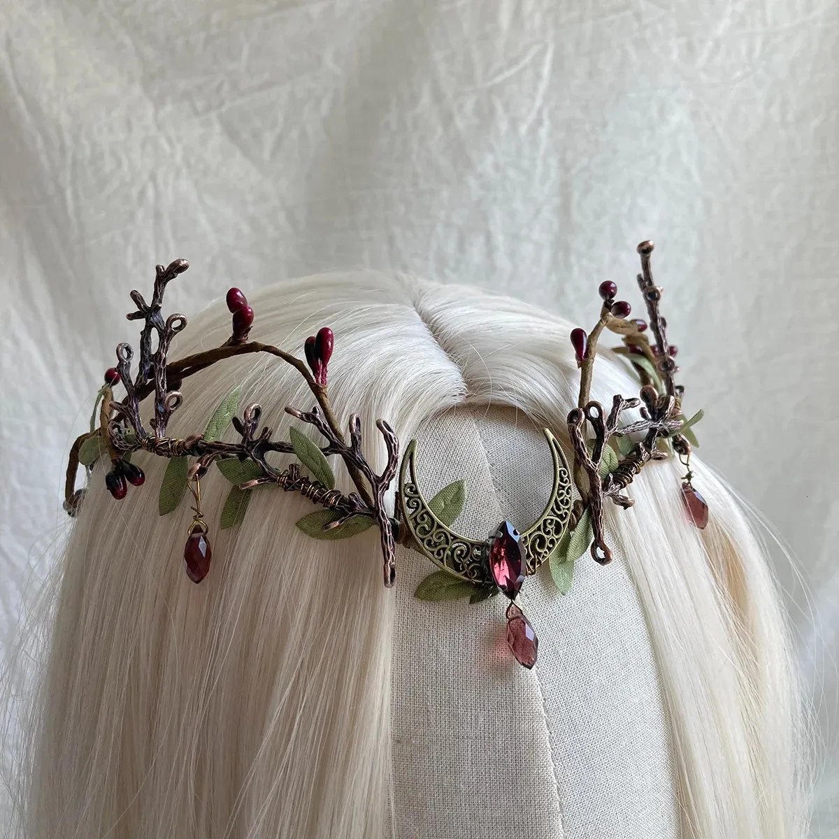 Enchanting Forest Fairy Crown Tiara: Red Waterdrop Leaves 