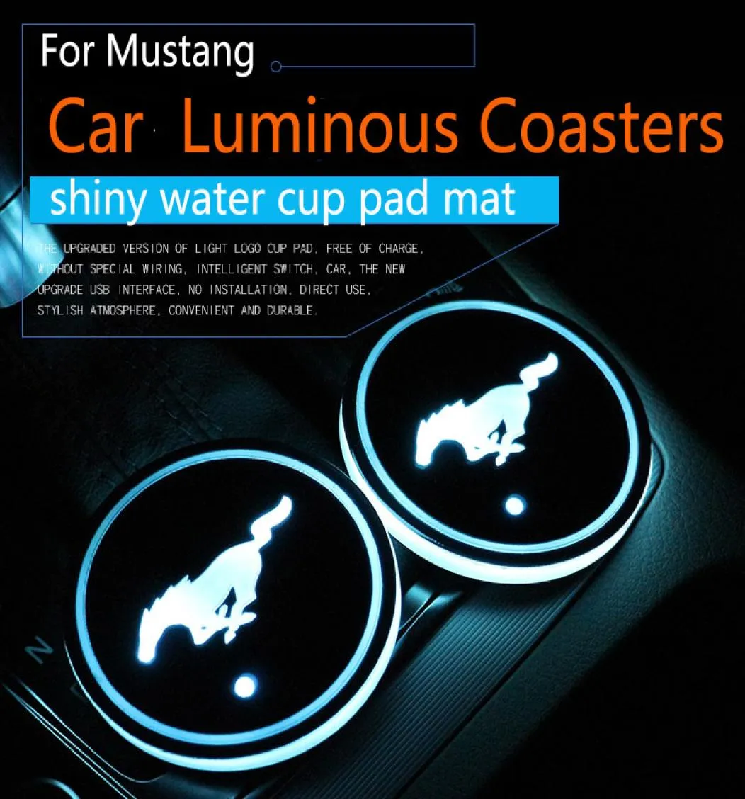 Значок с логотипом Mustang Pony Horse, автомобильный светодиодный блестящий коврик для чашки с водой, коврик с пазами, светящиеся подставки, атмосфера Light5578135