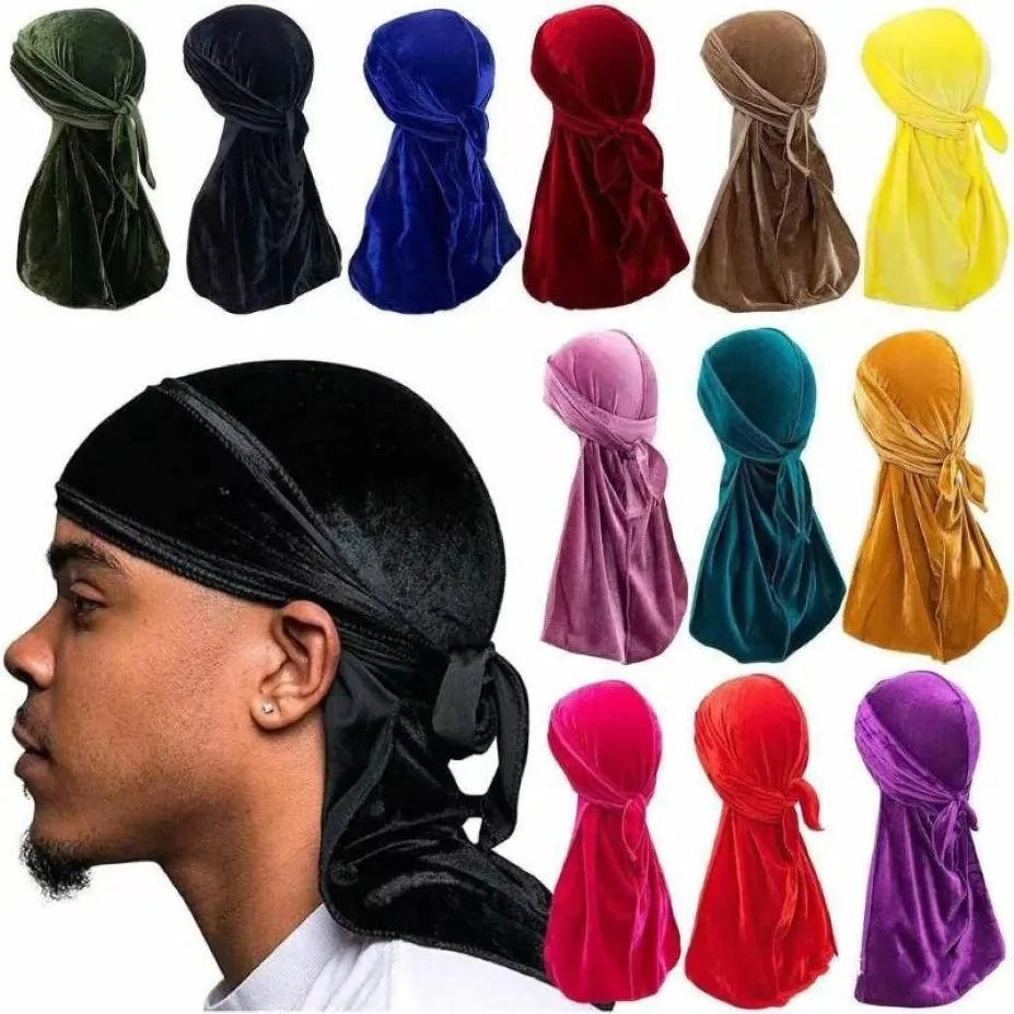 Lenços unissex homens mulheres durag doo du rag veludo respirável bandana chapéu cachecol longo cauda headwrap 2021 quimio boné cor sólida hea260b
