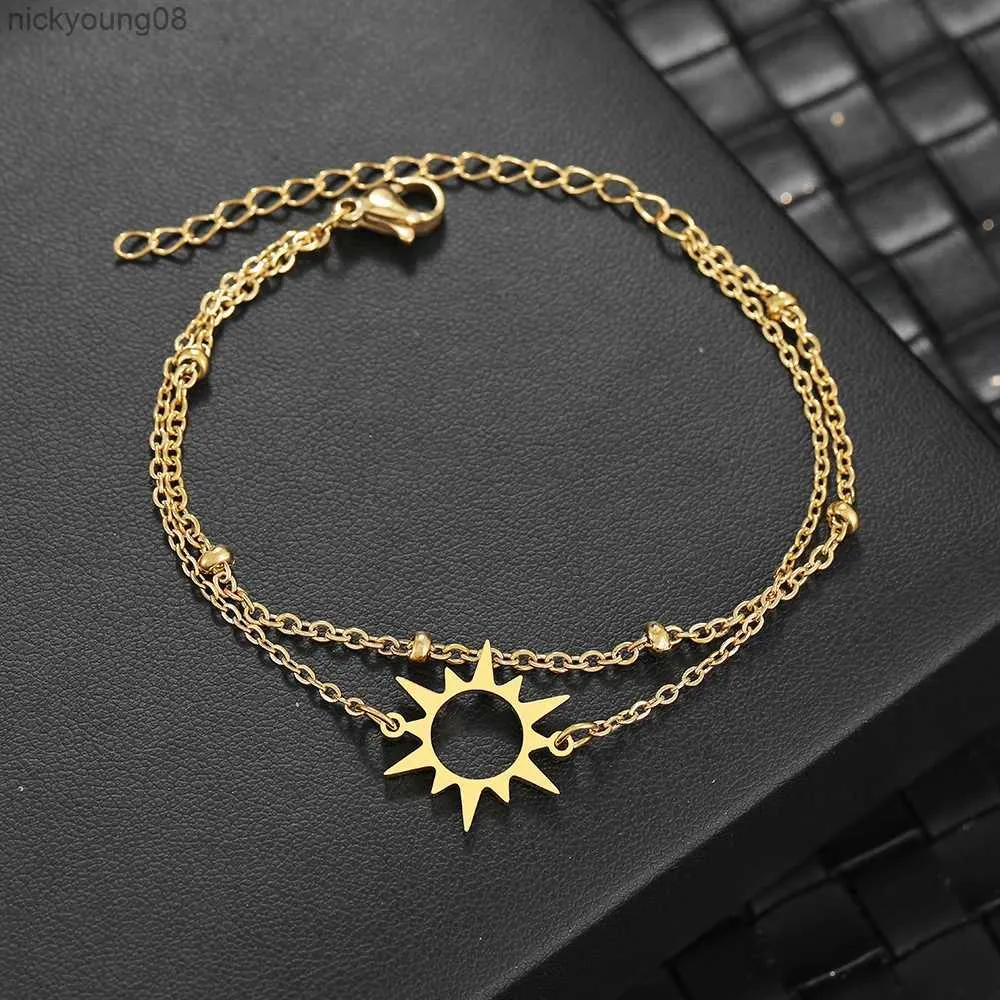 Armreif Edelstahl Armbänder Einfache Sonne Design Anhänger Mehrschichtige Perlenketten Charme Koreanische Mode Armband Für Frauen SchmuckL2403