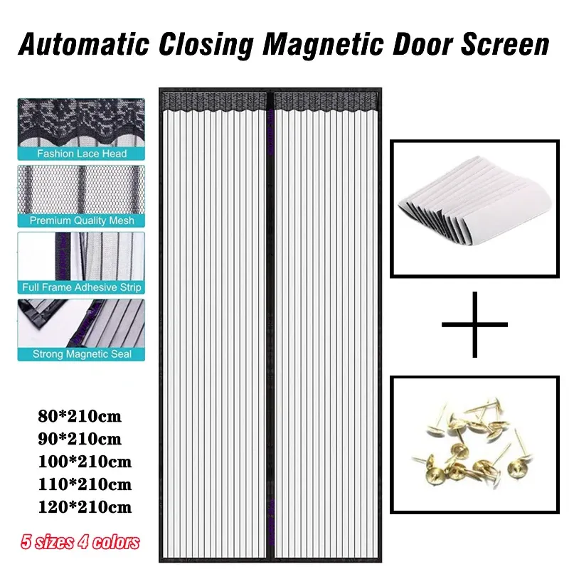 Moustiquaire magnétique renforcée sans outils, rideaux de porte anti-insectes d'été en maille, fermeture automatique, rideau autocollant pour écran de porte