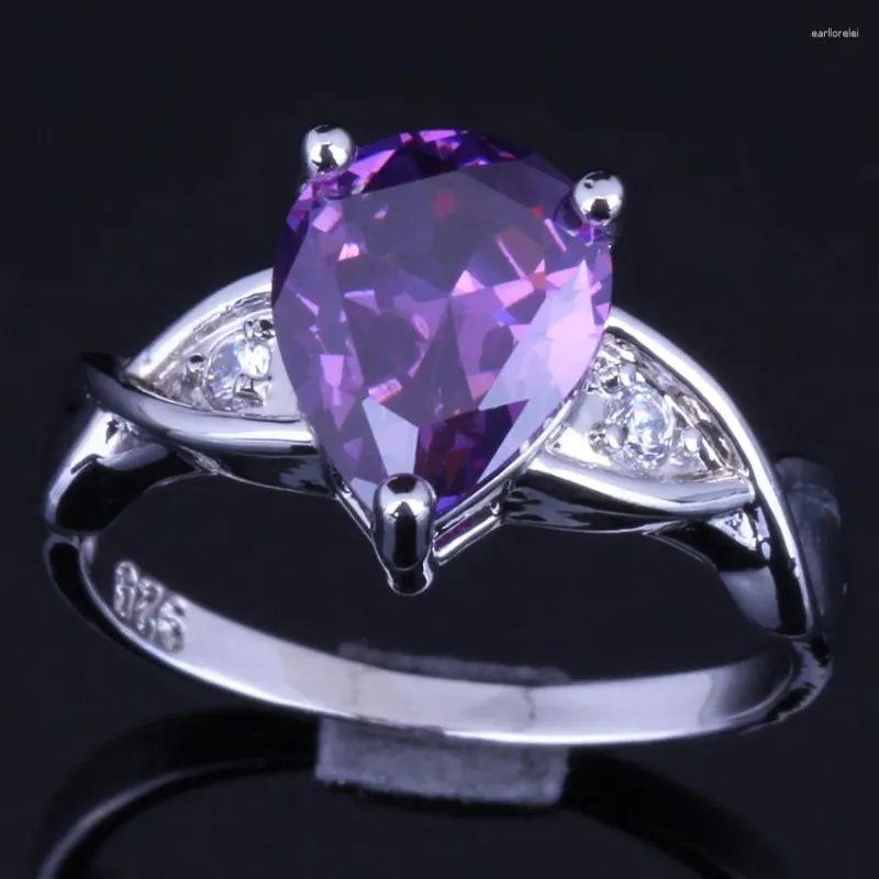 Bagues de cluster Mignon Poire Violet Zircone Cubique Blanc CZ Bague Plaquée Argent V0107