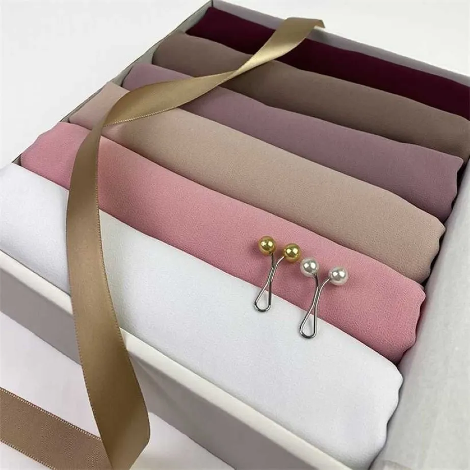 Muslim Chiffon Hijab Scarf Women Solid Color Shawl Head Wrap Islamic Hijabs Headscarf Customize Gift Box Foulard Femme 220106234j