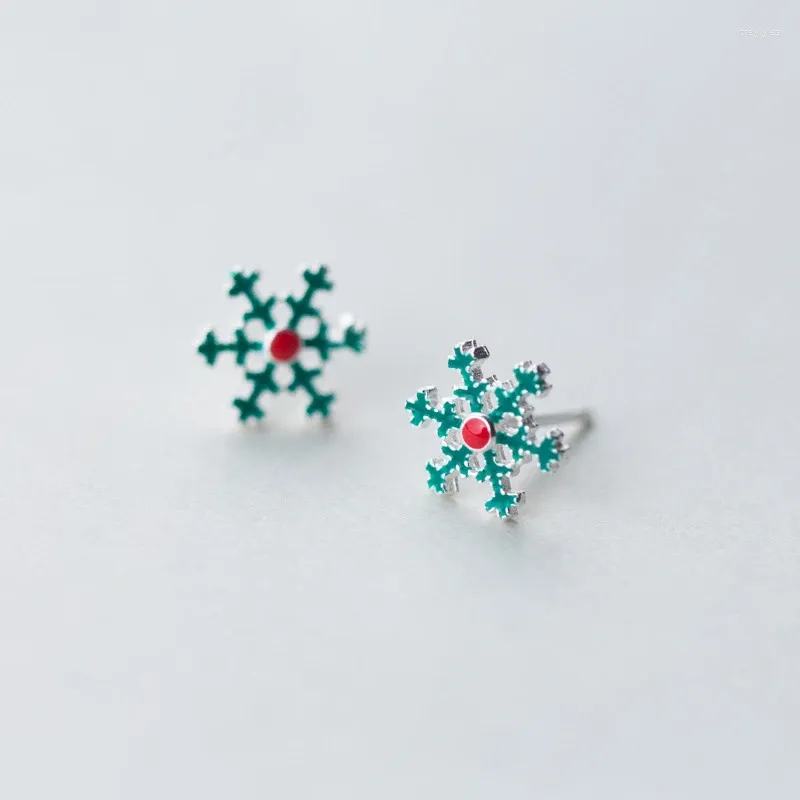 Stud Oorbellen MloveAcc Nieuwigheid Groen Emaille Sneeuwvlok Oorbel Voor Vrouwen Kind 925 Sterling Zilver Kleine Kerstcadeau