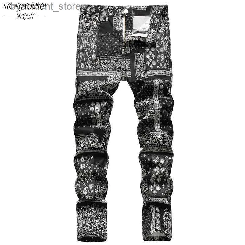 Männer Jeans Herbst Gedruckt Paisley Herren Jeans Mode Klassische Tägliche Regular Fit Casual Stretch Hosen Männliche Lose Jeans hombre Hosen L240313