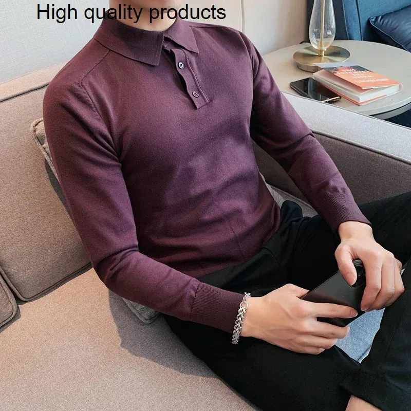 Summer Mens Long-Sleeved Knitted Casual POLO Shirts Contrast Color British Slim Fit Lapel Shirt Men Clothes S-3XL 240326