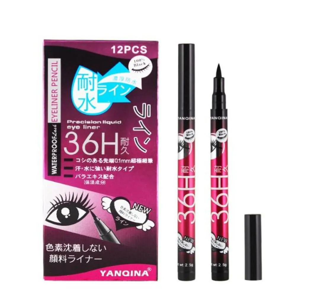 alta qualità YANQINA 36H Matita per eyeliner per trucco Penna per eyeliner nera impermeabile Nessuna fioritura Precisione Eyeliner liquido 12 pezzi set2073551