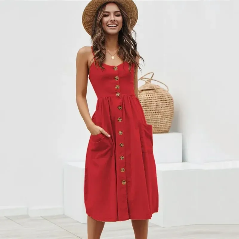 Sundress Sexy Spaghetti Strap VNeck Button Women Midi Vestidos Red Robe Femme Harajuku Casual Print Summer Beach Dress 240228