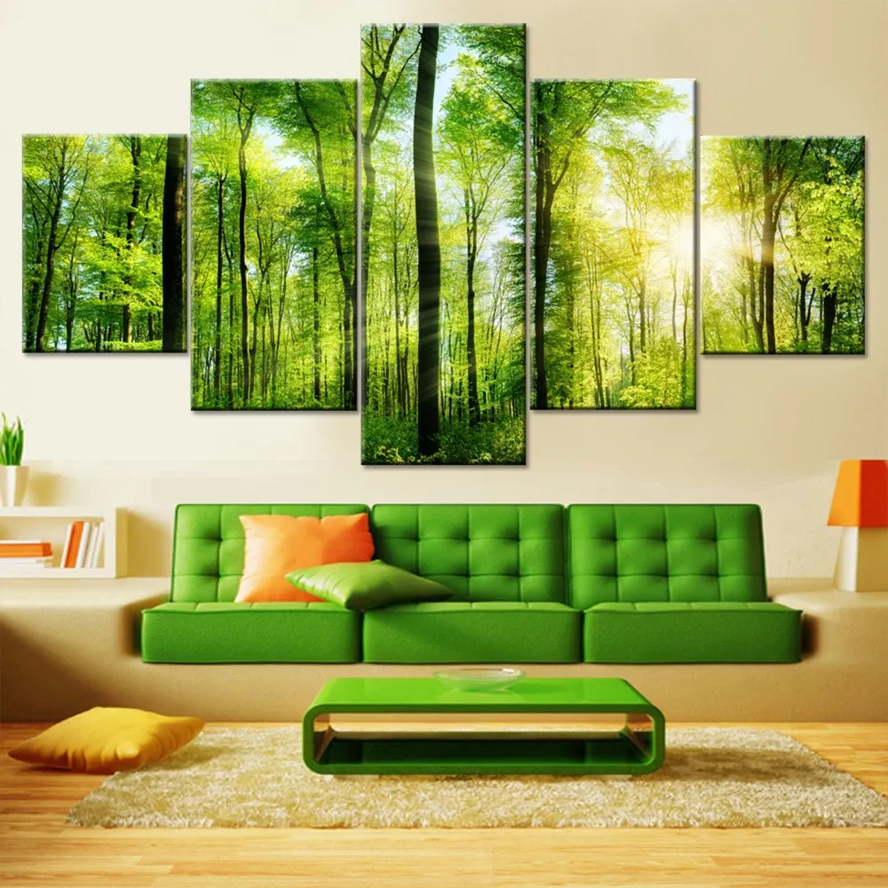 Caligrafía moderna HD imágenes impresas sala de estar lienzo sol verde bosque paisaje pintura árboles modulares cartel arte de la pared decoración del hogar