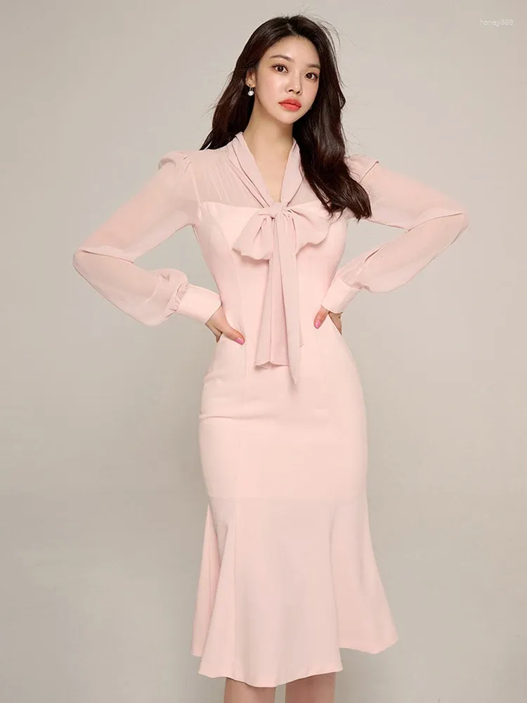 Casual Dresses Korean Fashion Spring Autumn Long Wrap Hip Dress Women Ladies Clothes Elegant Formal Sweet Skinny Midi Mujer Robe Femme