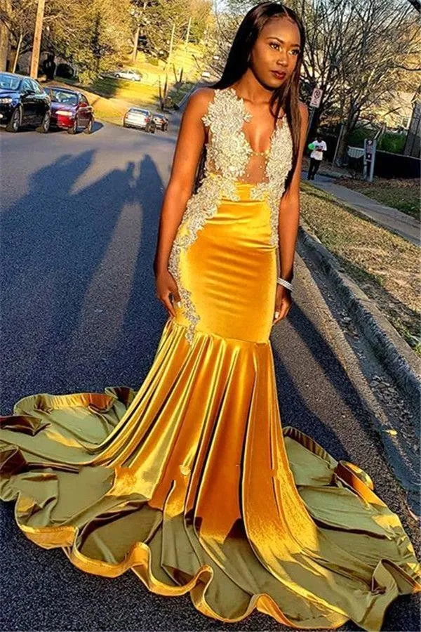 Ouro amarelo sereia vestidos de baile 2024 novos apliques sem mangas puro decote em v preto meninas festa formatura vestidos noite bc18362