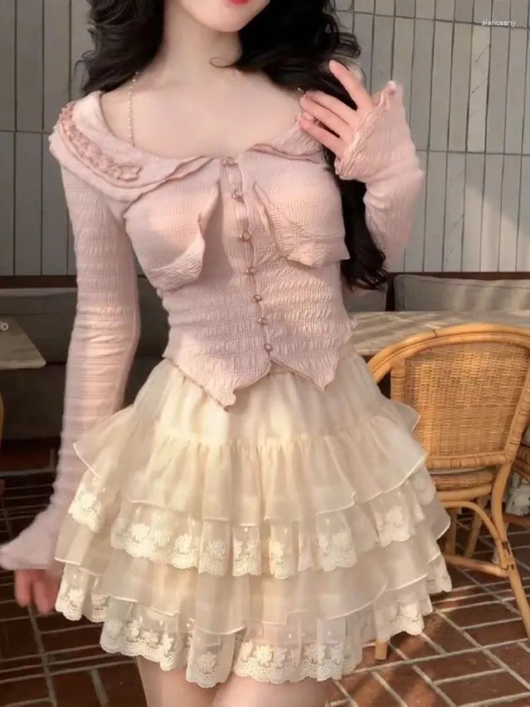 Vestidos de trabajo Moda coreana Sólido Conjunto de vestido de 2 piezas Mujeres Básicas Manga larga Blusa dulce Mujer Cintura alta Falda Kawaii de encaje 2024 Verano
