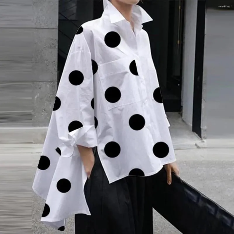 Женские футболки Modigirl 2024, блузка в горошек, рубашка с длинными рукавами и разрезом по бокам, модная рубашка на пуговицах с высоким и низким уровнем, простая офисная леди