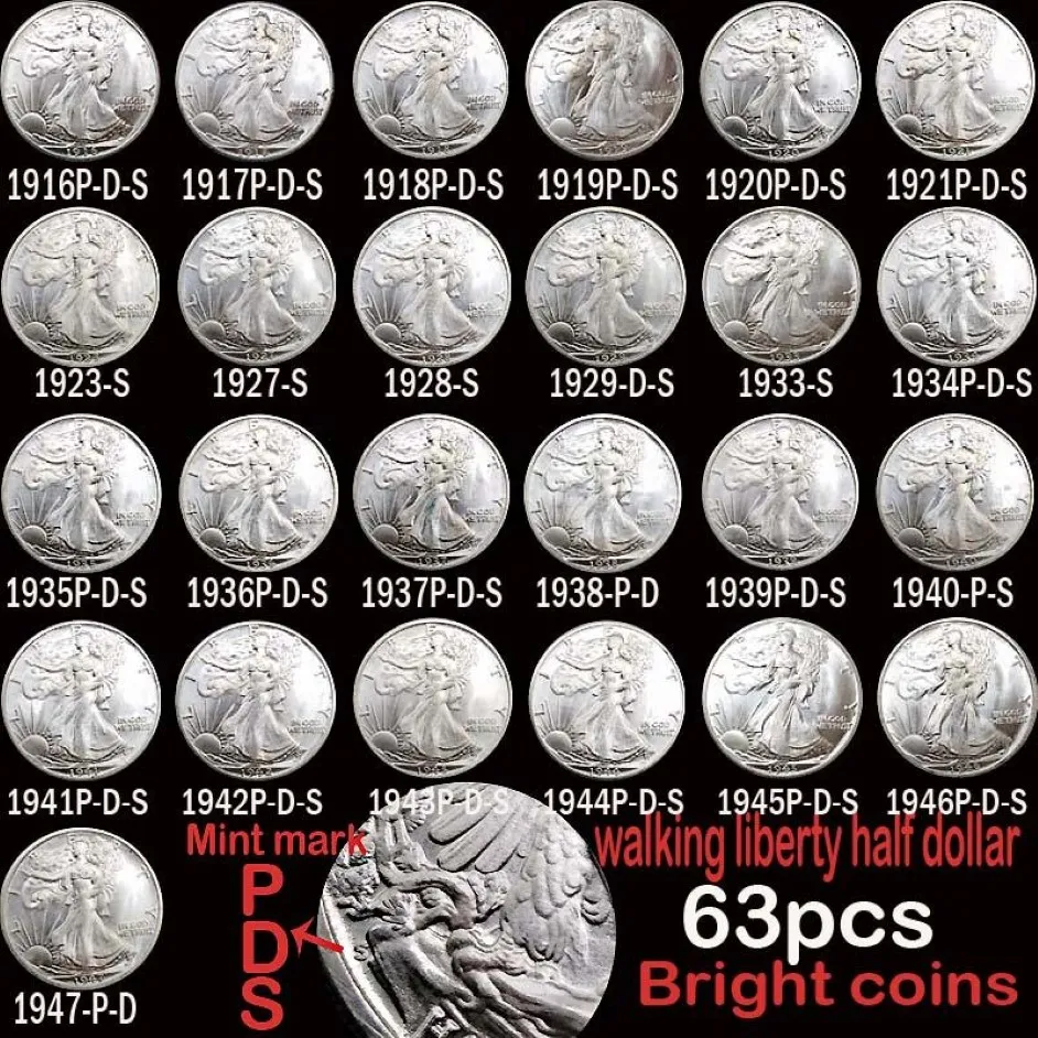 63 Stück USA Komplettset Walking Liberty Münzen Helles Silber Versilberte Kupferkopie Münze226s
