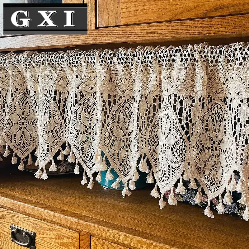 Curtains Handmade Cotton Linen Kitchen Short Curtains Crochet Lace Hollow Tassel Beige Valance Cafe Kitchen Door Window Drapes Cortinas