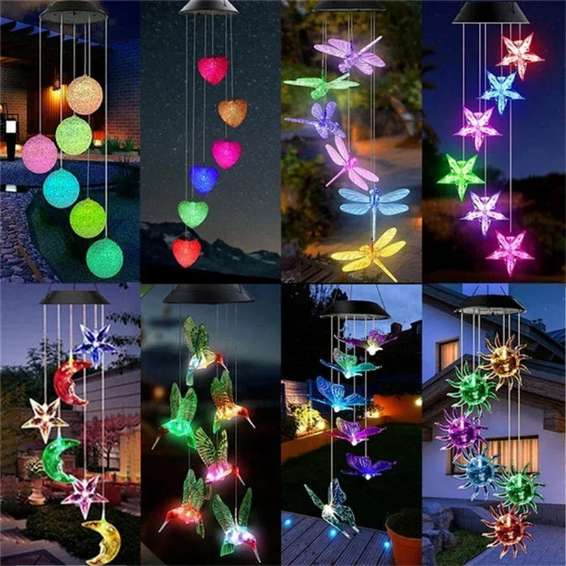 Suncatchers LED Solar Wind Chime Crystal Ball Hummingbird Wind Chime Light Color Changing Waterproof Hanging Solar Light for Home Garden