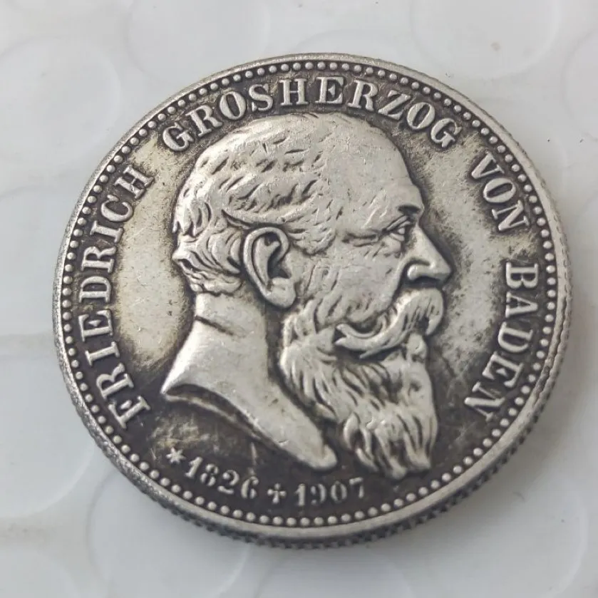 1907 Stati tedeschi BADEN 2 Mark Copia in argento Moneta in ottone Ornamenti artigianali replica monete Accessori per la decorazione della casa293F