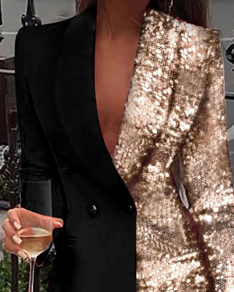 Women's Suits Blazer Office Dress Colorblock Patchwork Long Sleeve V Neck Sequins Double Breasted 230325