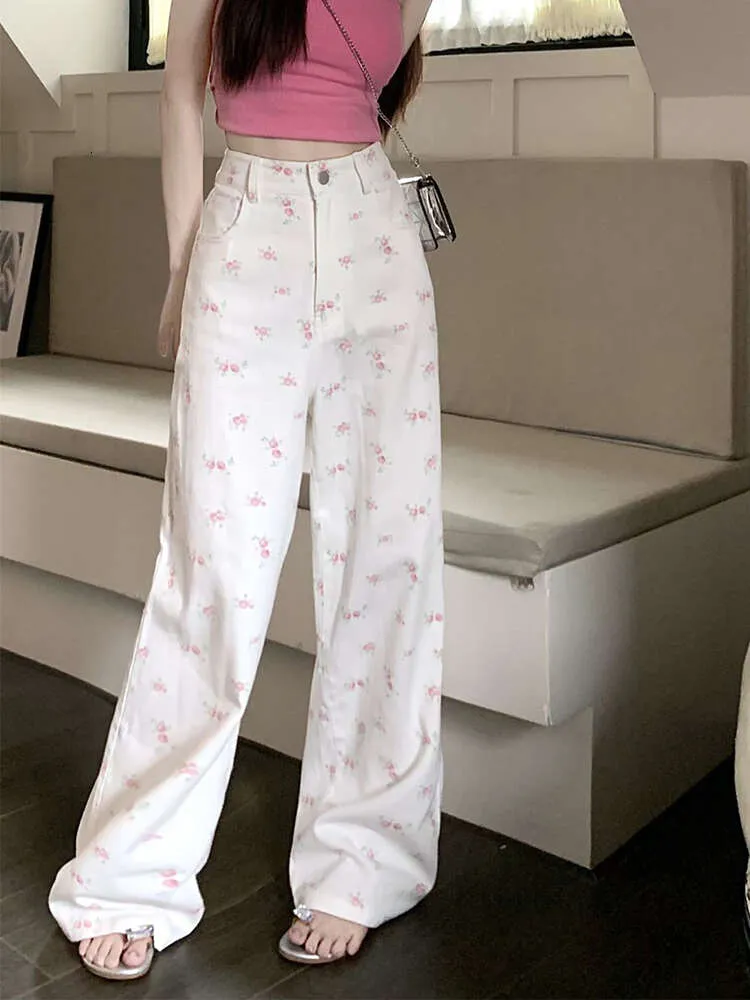 Zoki Fashion Floral Women Sweet Jeans Korean Elegant High midjebenbyxor Lossa alla matcher Lady S-3XL denimbyxor