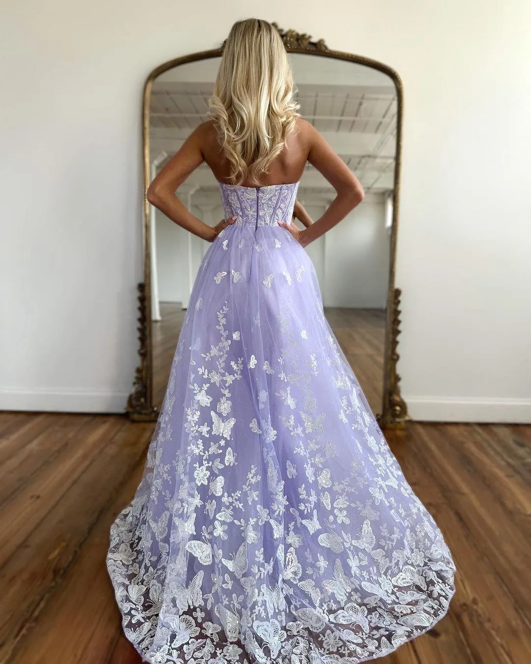 fitted lace wedding dress Purple Tulle High Low Prom Dress, A-Line V-Neck Evening Party Dress main image 1