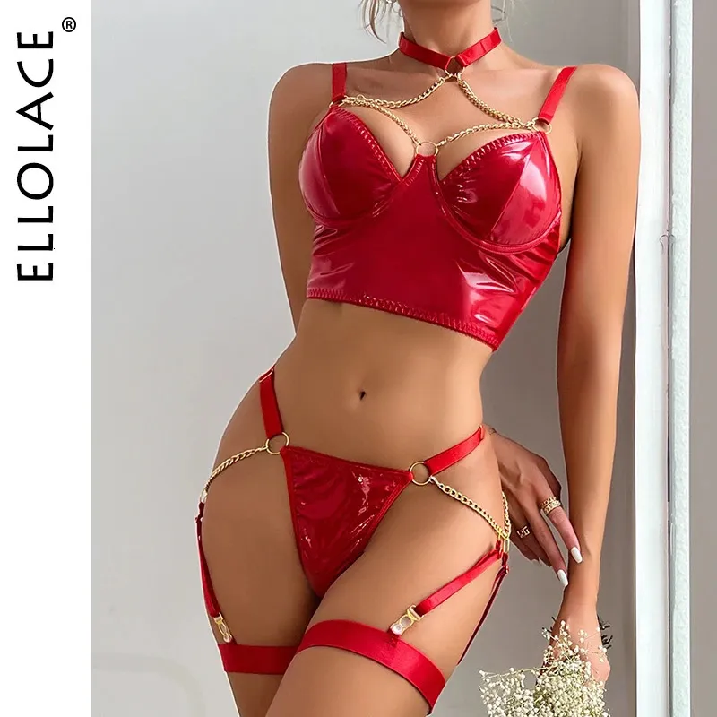 Lingerie fetish in pelle Ellolace con catena esotica sexy Bilizna Set kit reggiseno halter push up in lattice rosso sensuale intimo 240305