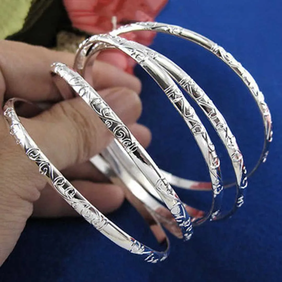 5Pcs/set 925 Silver Plated Carving Pattern Women Smart Bracelets Bangle Gift