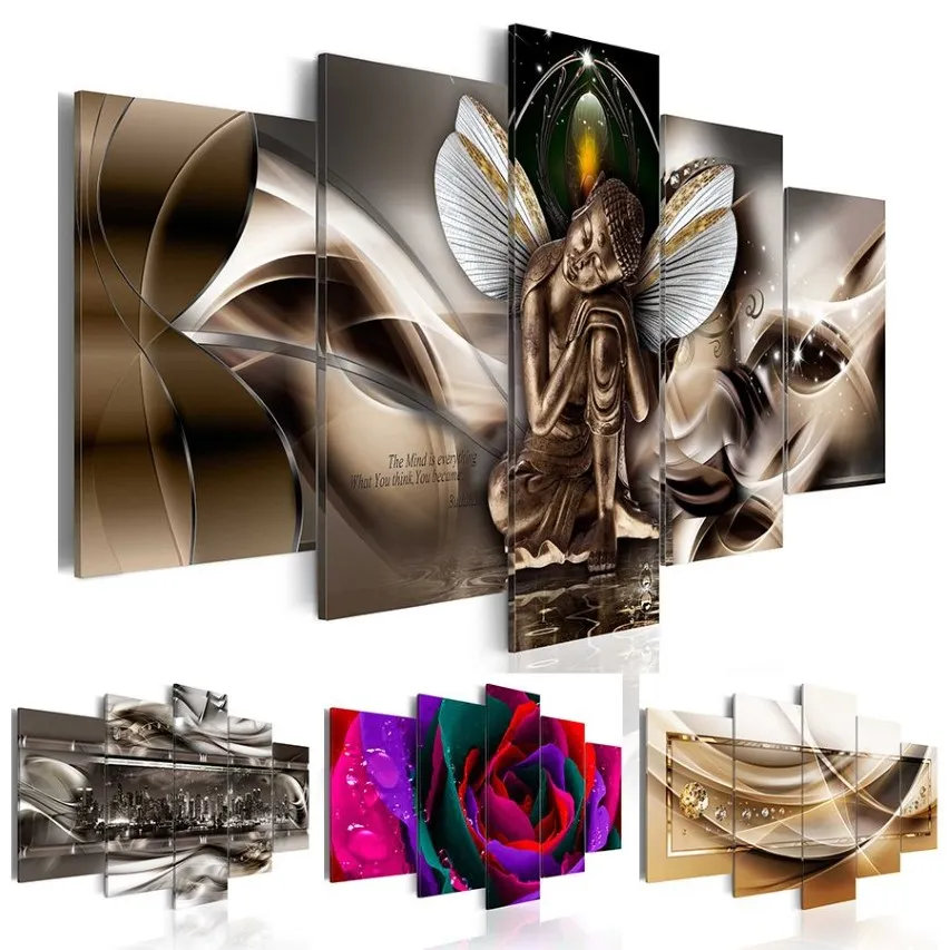 5st Set Fashion Wall Art Canvas Målning Abstrakt Metal Architecture Night Scen Colorful Rose Flowers The Buddha With Wings Mo299s