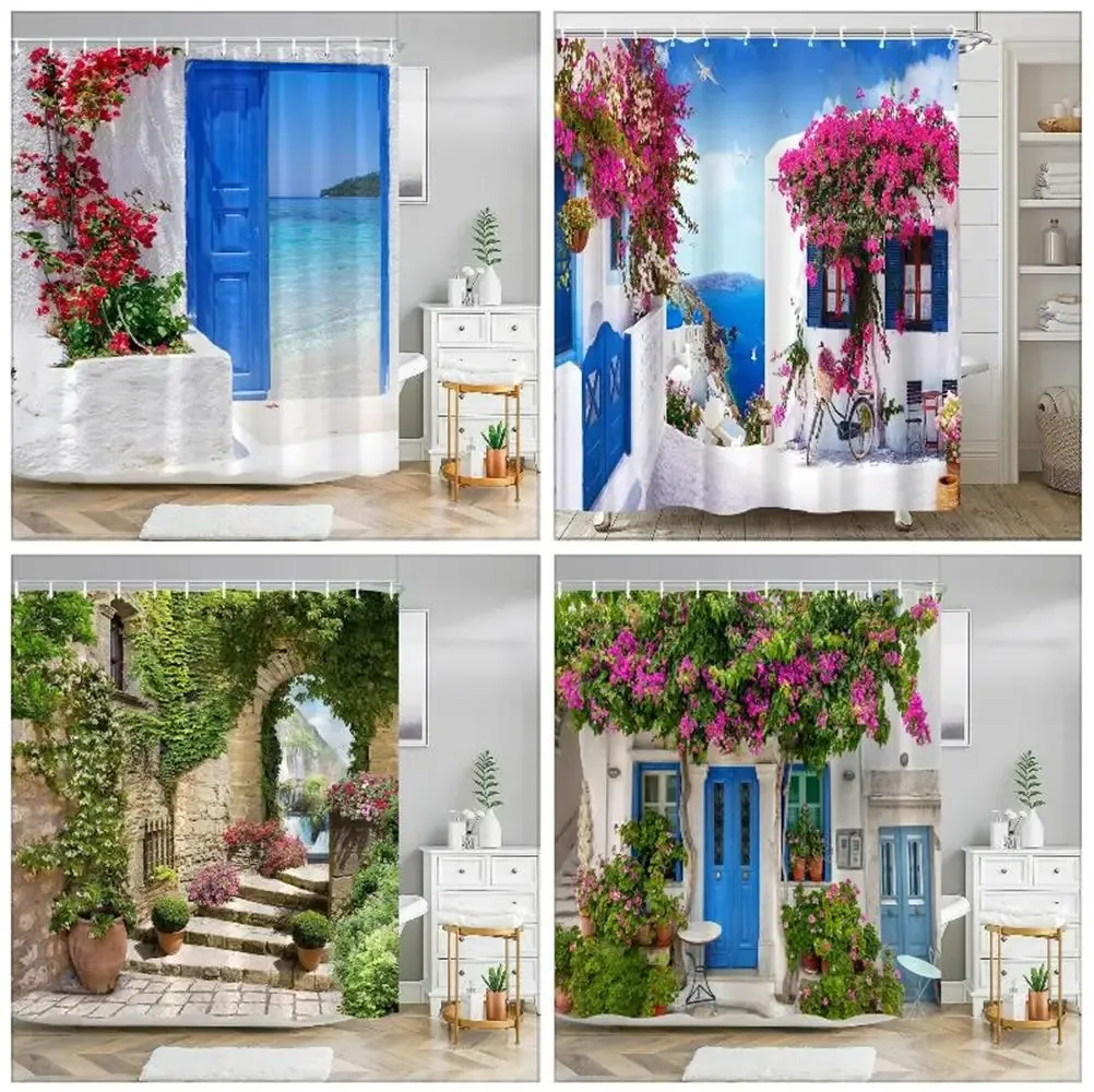 Rideaux Rideau de douche avec vue sur la rue de la ville grecque, portes en bois bleues, fenêtres, fleurs, plantes, décoration murale, salle de bains, ensemble de rideaux suspendus avec crochets