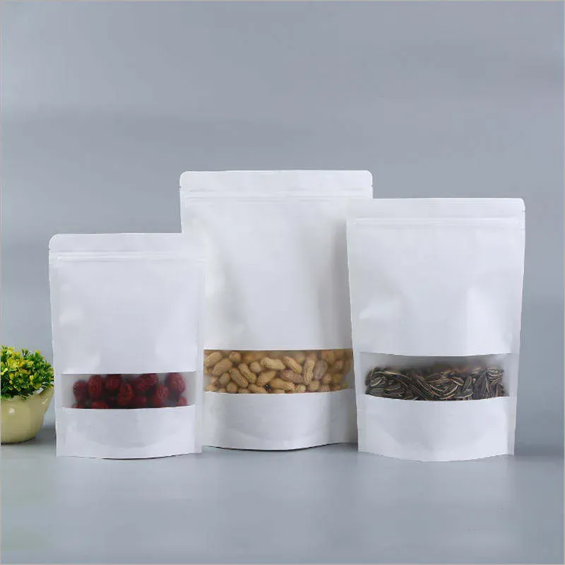 White Kraft Paper Edibles Packaging Bags Smell Proof Pouch Zip Lock Stand Up Case Clear Window Self-sealing For Candy  Nuts Tea Food Dried Fruit Snack Storage