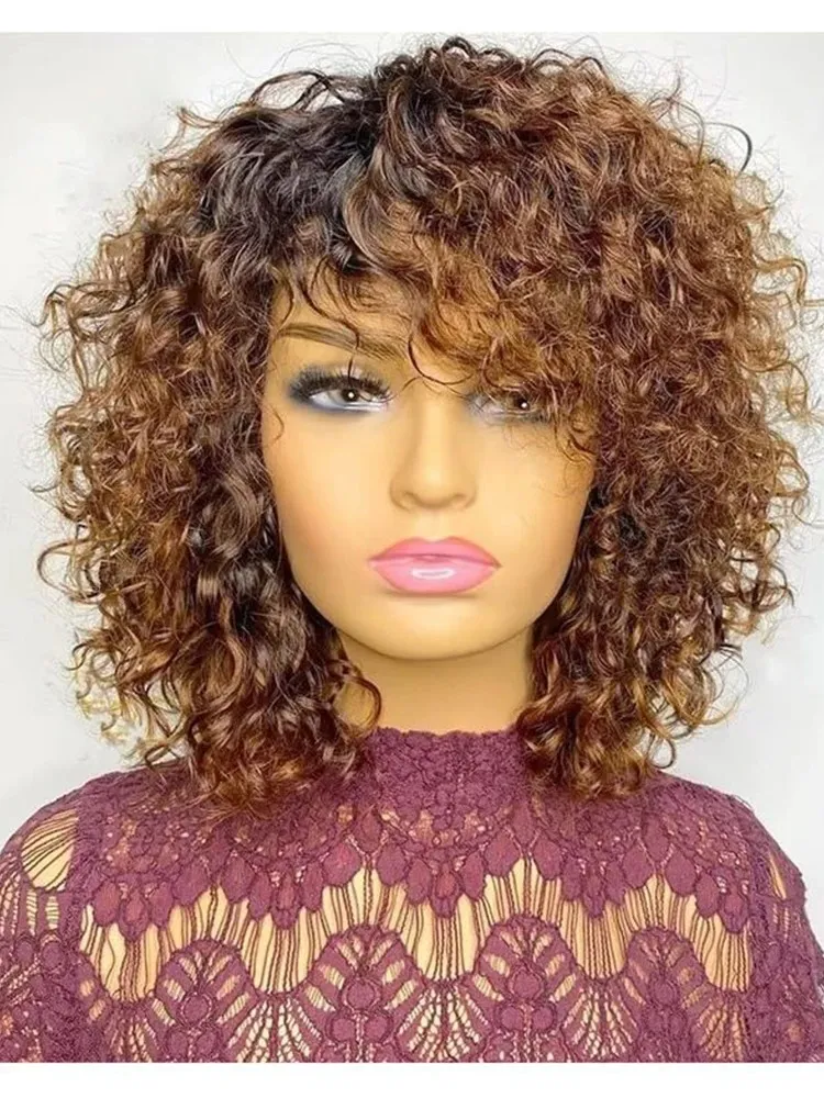 Gekleurde korte afro kinky krullend bob menselijk haar pony pruik voor vrouwen Braziliaanse remy haar ombre blond honing losse water golvende pruiken