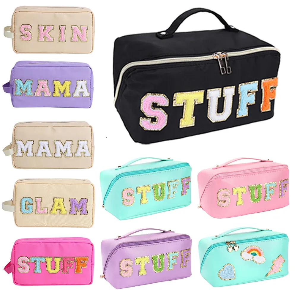 Candy Color Cosmetic Bag Letter Patches Makeup Womens Folding Travel Toalettet Kit Women Portable Organizer Handväskor 240227