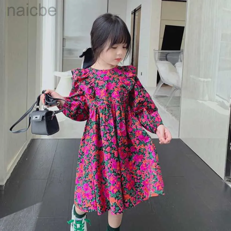 Vestidos da menina vestidos nova flor de manga comprida vestido de princesa borda estilo pastoral roupas ldd240313