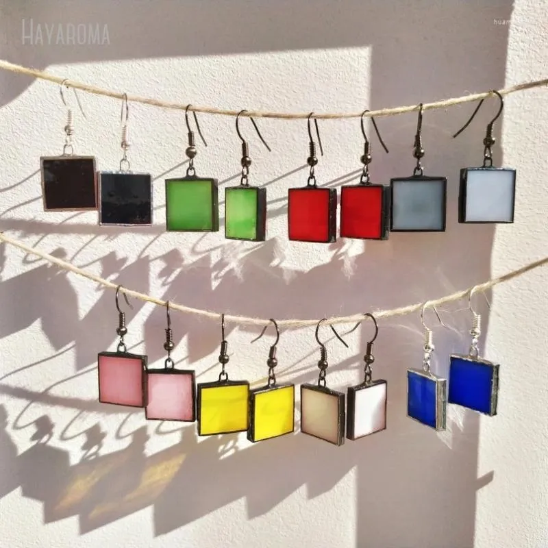 Dangle Earrings 10Pcs Wholesale Colors Stained Square Colored Geometric More Color Bright Earring Art Jewelry Soldered Glass ER39882