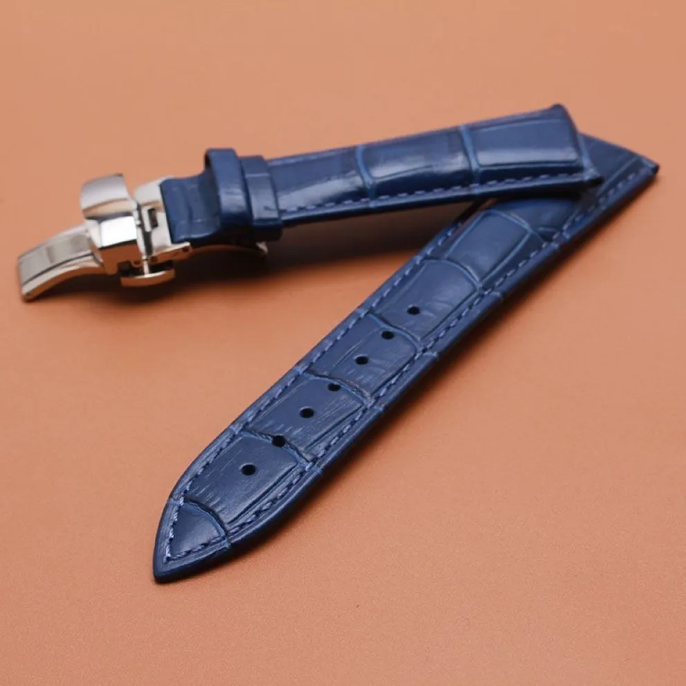 WatchBand Quality äkta läder Watch Band 14mm 16mm 18mm 20mm 22mm Dark Blue Watchbands rem Silverlås Watch Accessories2824