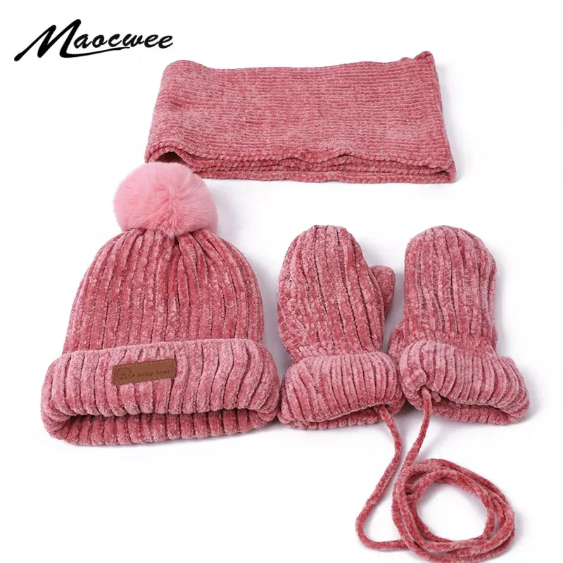 3 pezzi inverno cappello bambino sciarpa guanti set bambini pompon cappelli lavorati a maglia per ragazze ragazzi berretti caldi spessi con fodera 240227