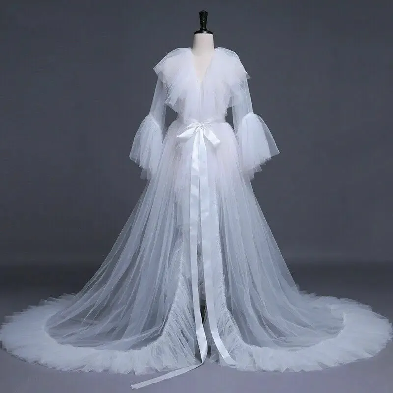 Spetsklänning kvinnor ruffle front split long maxi moderskap solid vit spetsklänning klänning pografi prop se genom klänning 240228