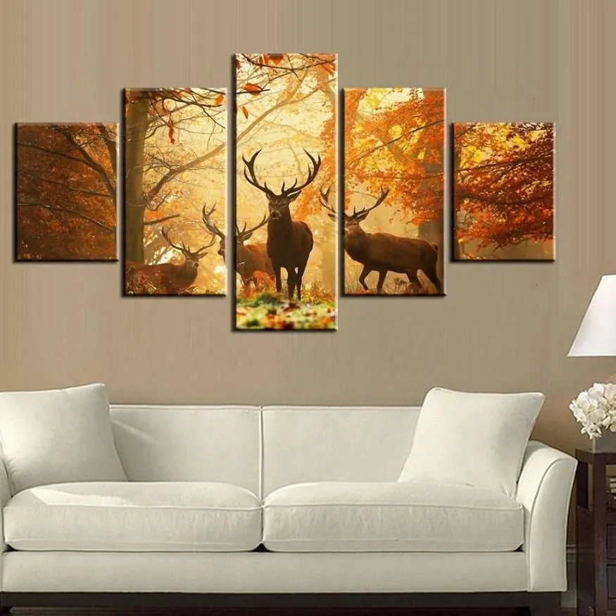 5 teile / satz Sonnenuntergang Golden Deer Wandkunst Ölgemälde Auf Leinwand Kein Rahmen Tier Impressionistische Gemälde Bild Wohnzimmer Decor2423