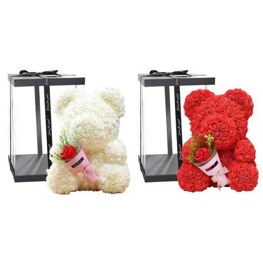Flower Valentines Day Gift 40cm Red Or White Rose Teddy Bear Eternal Rose Flower Artificial Decoration Christmas Handmade Gift Y12233A