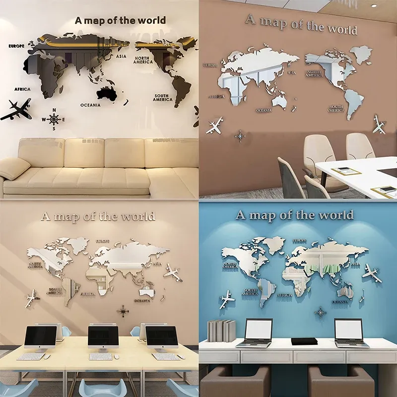 Autocollants modernes 3D acrylique noir argent carte du monde Stickers muraux pour ménage chambre décor bureau étude Art décalcomanies papier peint fond