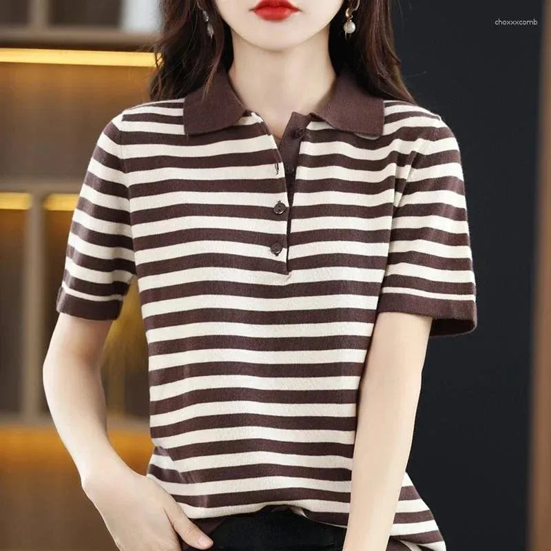 Women's Polos Tops Black Striped Clothing Red T-shirt Woman Short Sleeve Tee Polo Neck Shirts For Women Y2k Fashion Polyester Cotton Trend V