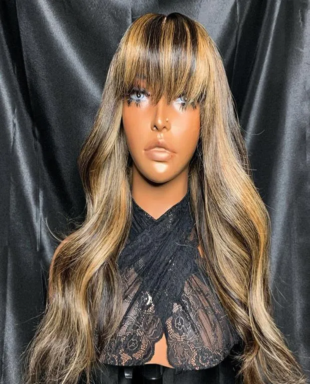 Ombre Vurgu Fringe Wig 5x5 İpek Üst Peruk Gevşek Vücut Dalga Peruk 150 Patlamalı Kadınlar İçin İnsan Saç Perukları Brezilya Remy4063416