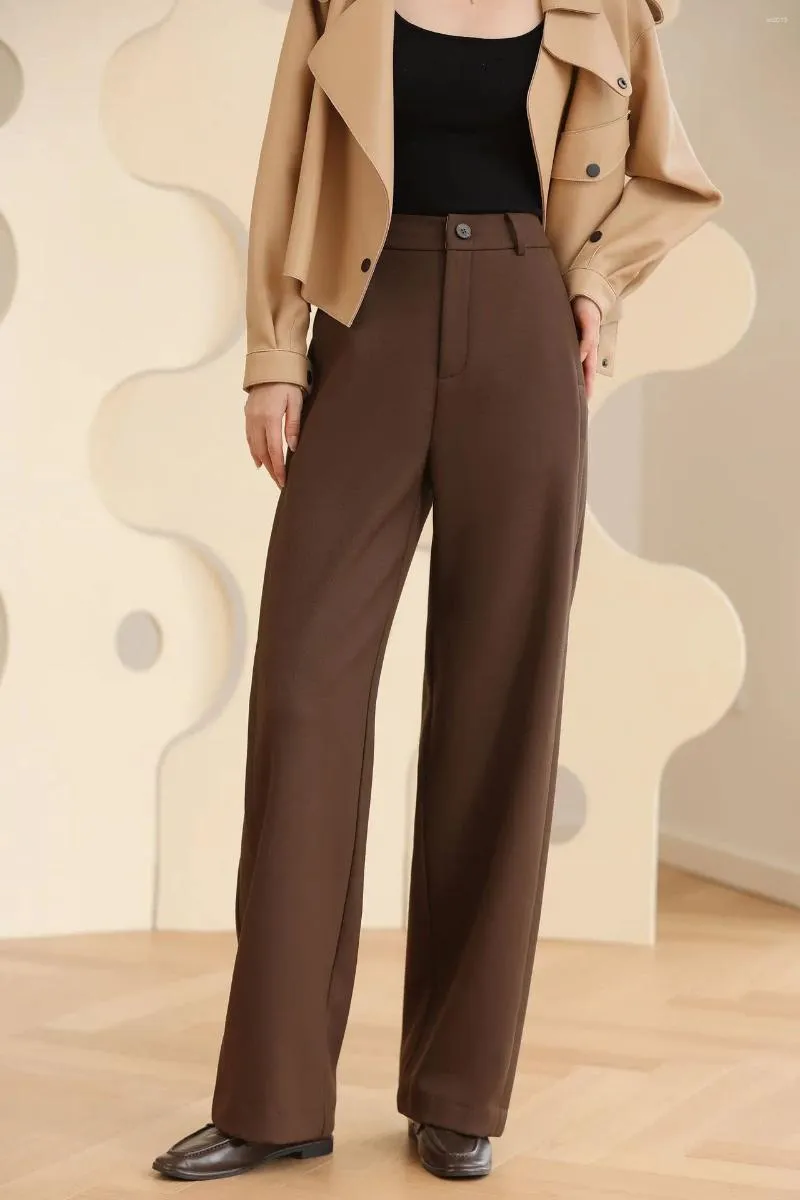 女性のズボンはウールのまっすぐなレッグスーツを厚くしますレディープリーツハイウエストソリッドカラーワイド秋とウィント