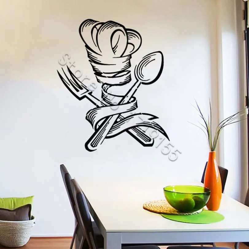 Autocollants muraux en vinyle pour cuisine, affiche de fenêtre moderne, motif cuillère fourchette, autocollants muraux pour Chef de Restaurant 3451