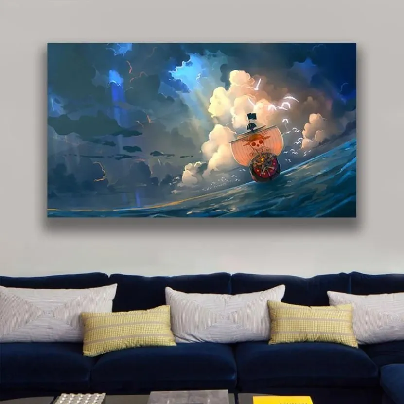 Paintings Thousand Sunny Ship Anime Manga Poster Framed Wooden Frame Canvas Wall Art Decoration Prints Dorm Home Bedroom Decor Pai264h